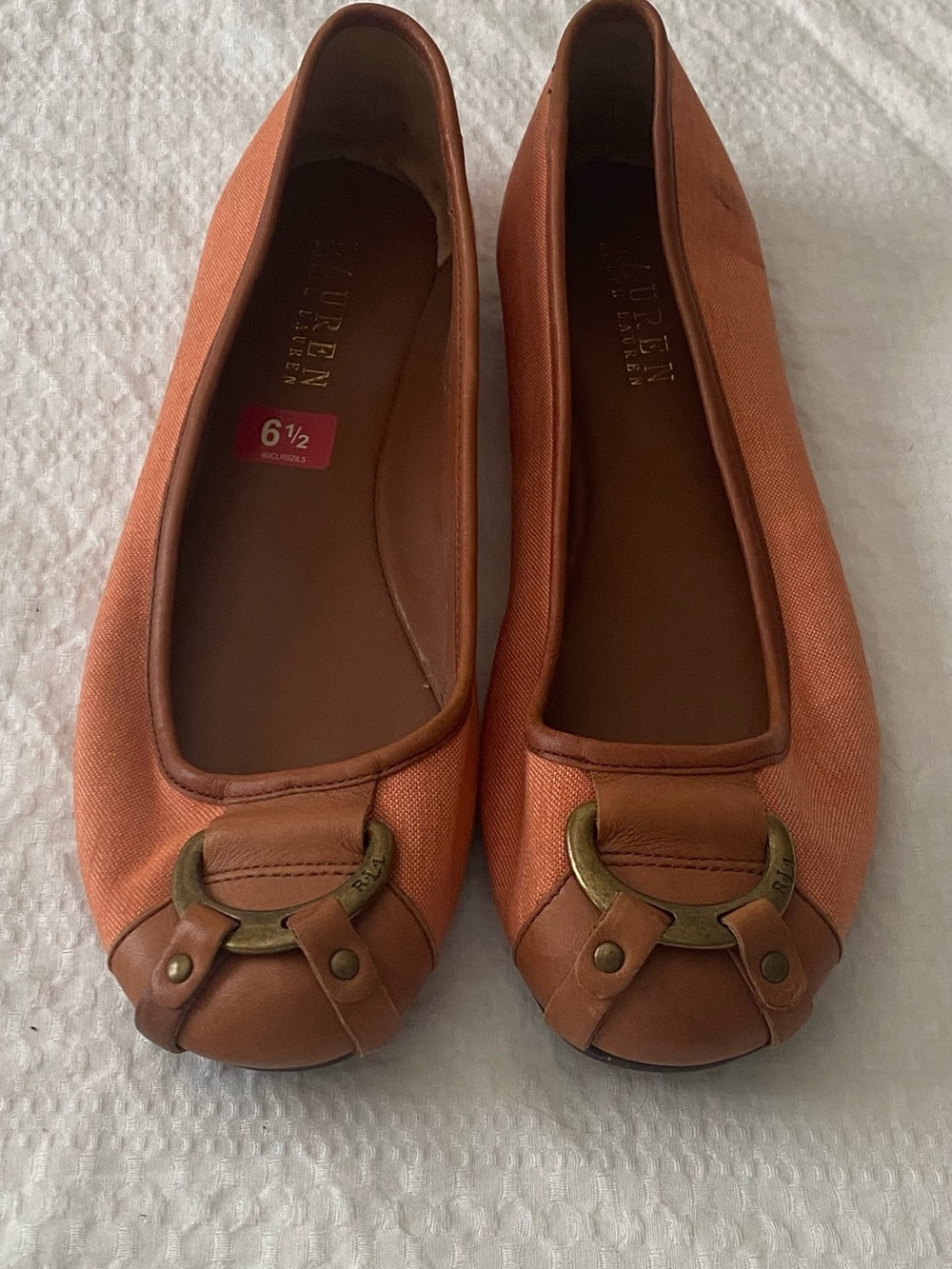 Ralph Lauren Orange Canvas and Leather Trim Ballet Flats
